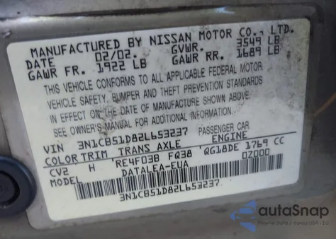 2002 Nissan Sentra Gxe z USA, uszkodzony, nr VIN 3N1CB51D82L653237